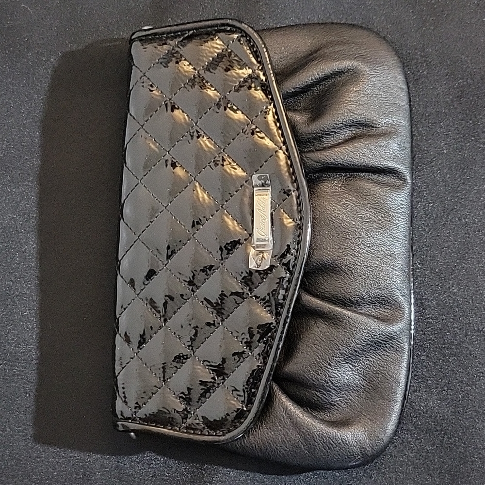GRACE ADELE Jane Quilted Patent Faux Leather Clutch Black nwot